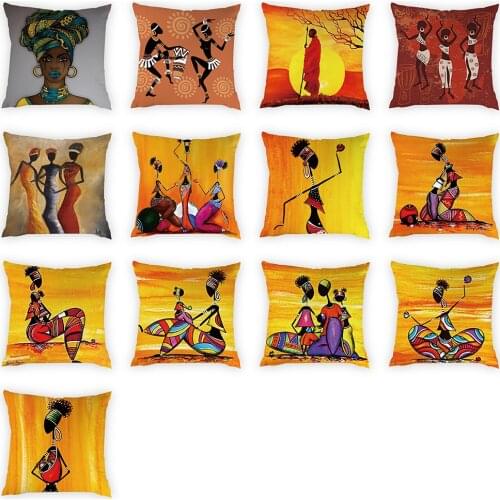 African Dancing Women Cushion Cover Printed Square Orange Home Decoration Peach Skin Pillowcase cojines decorativos para sofa