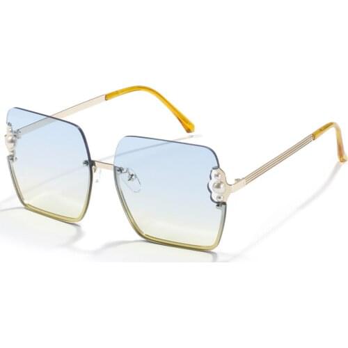 Veshion Square Woman Sunglasses Semi Rimless Metal Pearls Big Ladies Sun Glasses Half Frame Vintage Gradient Lens 2021 Summer