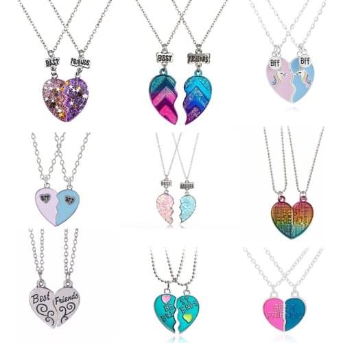 Hot Pink Blue Sequin Stitching Heart Broken Best Friends Necklace Pendant Chain BFF Friendship Jewelry Gifts For Kids 2PCS/Set