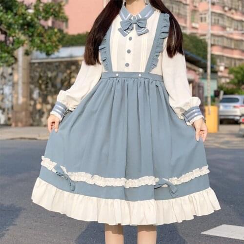 Blue Kawaii Op Lolita Long Sleeve Dress Princess Daily Loli Wear Anime Sweet Girls Cosplay Japanese Vintage Mori Girl Tea Party