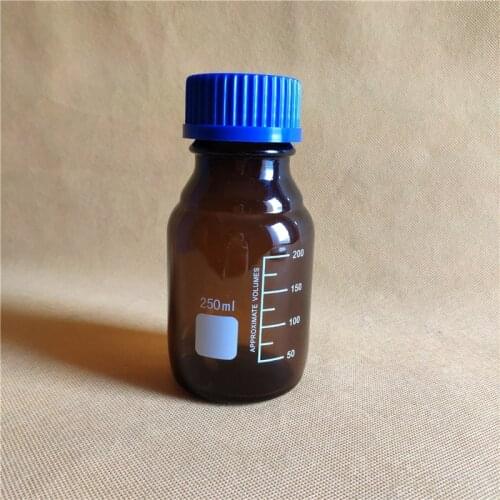 250ML Reagent Bottle,Amber Soda Glass,graduated storage bottles with GL45 blue screwcap,amber glass bottle