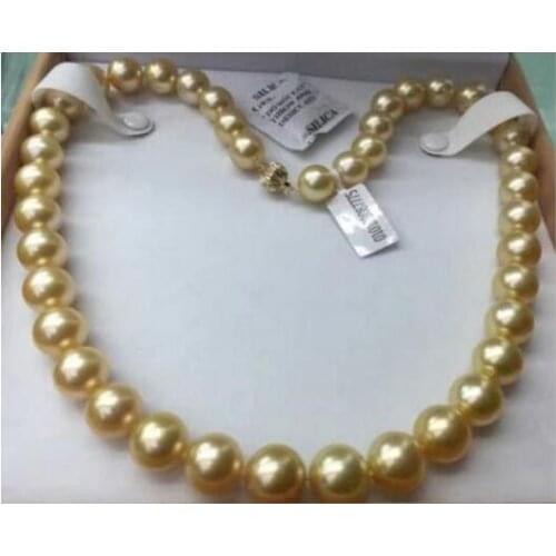 Free shipping >>>>noble jewelry 12-15mm natural south sea gold pearl necklace 14 K gold