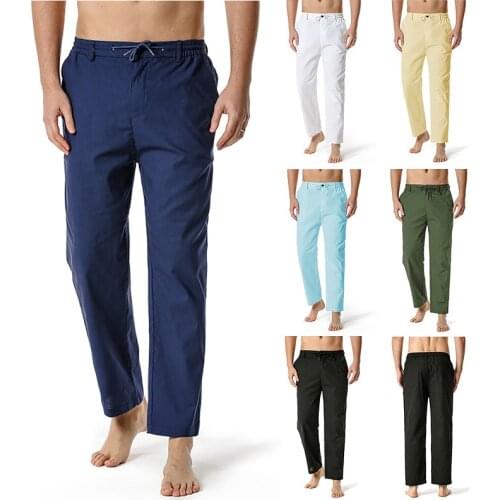 Mens Linen Cotton Loose Casual Lightweight Elastic Waist Pants Yoga Pants Home Pants Trousers
