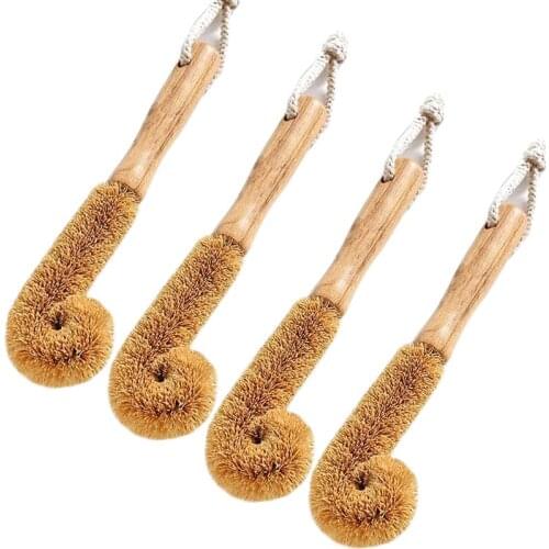 Bottle Brush Cleaner 4 Pack Long handle Cup Brush Coconut Palm Cup Washing Brush Scrubber with Bamboo Handle Fibers Bristles
