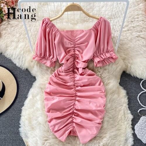 HangCode Fashion Ruched Bodycon Party Dress for Women Short Puff Sleeve Pink Black Mini Dress Clubwear Slim Skinny Dresess Mujer