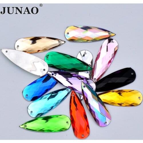 JUNAO 10*30mm 20Pcs Sewing Mix Color Teardrop Rhinestone Flat Back Acrylic Stone Applique Sewn Crystal Gems for Clothes Crafts