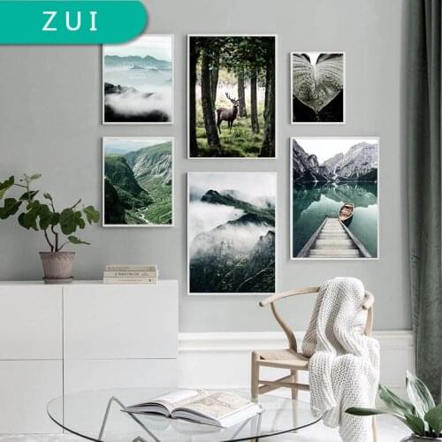 Mountain Lake Boat Picture Nature Scenery Scandinavian Poster Nordic Home Decoration Print Landscape Wall Art Canvas Painting