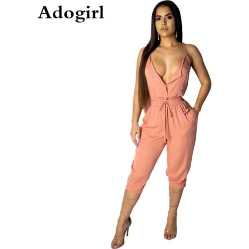 Spaghetti Strap Button Sexy Calf-Length Pants Womens Drawstring Waist Jumpsuit Hollow Out Sleeveless Overalls Combinaison Femme