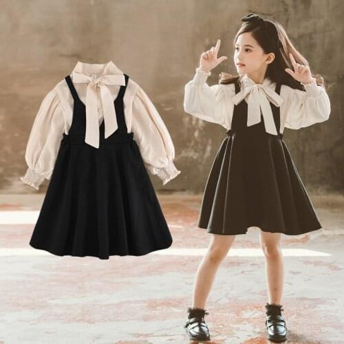 Korean version of the spring and autumn models in the big boy girl little girl bow tie suspender skirt kid suit western style