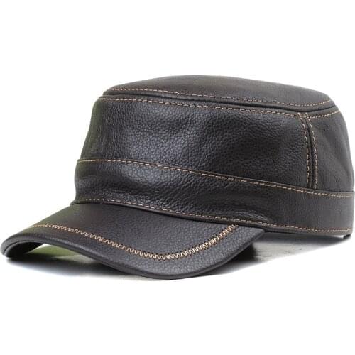 Leather Military Hats Middle Aged Men Casual Head Leather Flat Top Leather CAPS Outdoor Warm Single Hat