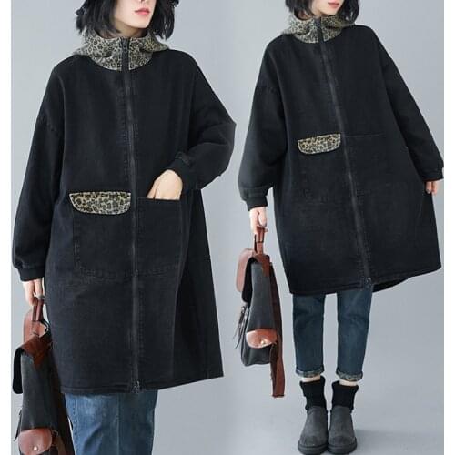 Autumn women new Korean fashion thick stitching leopard print hooded denim jacket mid-length popular zipper windbreaker coat 66