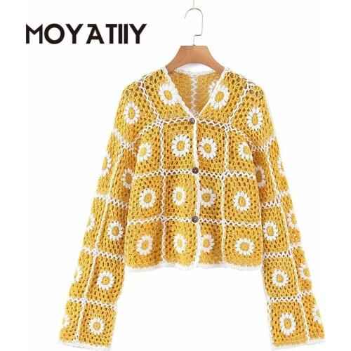 MOYATIIY Fashion Women Spring Autumn Cardigan Sweaters Hand Made Crochet Sun Flower Parttern Pullovers Hollow Coats Outwear Tops