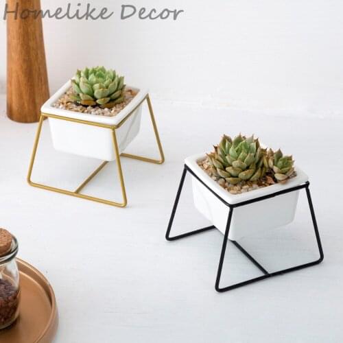 Pack of 2 Original Trapezoid Ceramic Flower Pots with Iron Stands Porcelain Planters for Succulents Home Office Table Decor