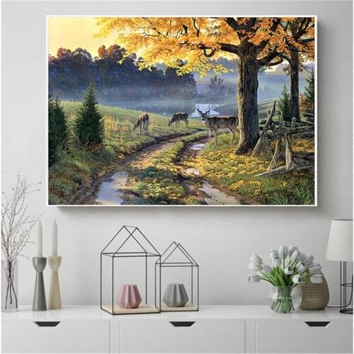 Wall Decor Autumn Prairie Deer Natuer Landscape Canvas Picture for Living Room Art Paintd Vintage Posters and Prints