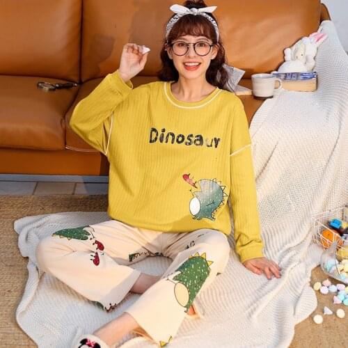 Autumn Pyjamas Sets Women Long Sleeve Cartoon Dinosaur Pijama Mujer Sleepwear Cotton Korean Pajamas Leisure Wear pijamas Femme