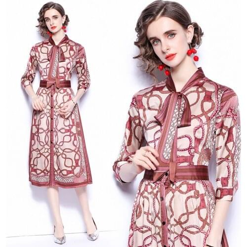 WTIANYUW 2021 New Women Blouse Dress Summer Bow Neck Three Quarter Sleeve A Line Midi Long Print Shirt Dresses Robe Femme