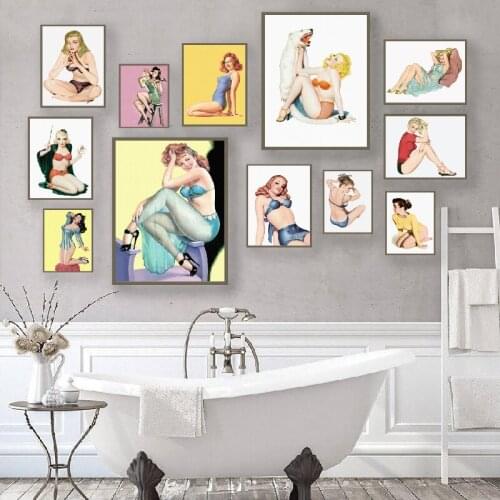 Sexy Pin Up Girls Series Retro Art Decor Poster Bathroom Bedroom Wall Decor Picture Quality Canvas Painting Home Decor A853
