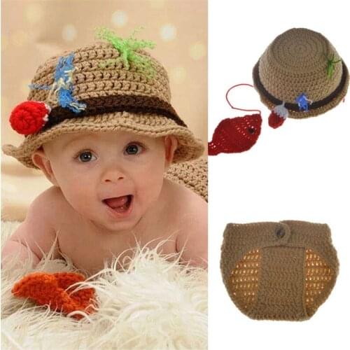 2pcs Cute Handmade Crochet Knit Fisherman Hat Set Cartoon Newborn Photography Props Girls Boys Photography Clothing Accessories