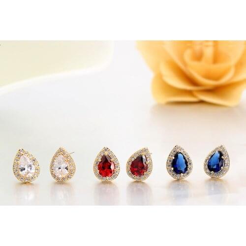 3 Colors Available Teardrop Water Drop Pear Cut CZ Stones Stud Earrings for Women Luxury Gold Color Jewelry Aretes 2019 Korea
