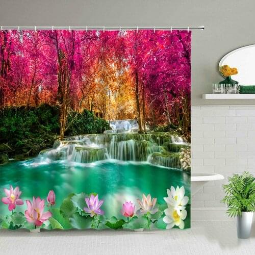 Waterfall Landscape Flower Birds Shower Curtains Summer Natural Scenery Waterproof Curtain Home Bathroom Decor Polyester Cloth