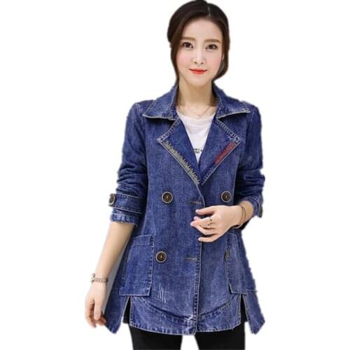 New Denim Female Jacket Double-Breasted Big Size Women Windbreaker A-Line Denim jacket women Basic Coats tops R293