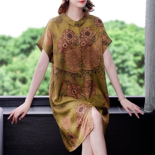 2021 Summer Satin Print Mulberry Silk Vintage Midi Dress Women Casual 4XL Plus Size Shirt Sundress Elegant Bodycon Party Vestido