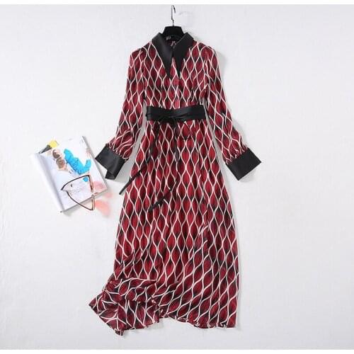 QUALITY 2021 HIGH New Fashion Designer Womens Elegant Long Sleeve Black Shirt Collar Bow Gorgeous Spectrum Printed Long Dress