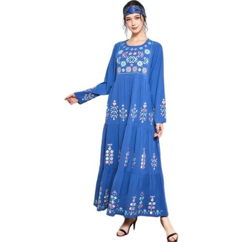 Plus Size Muslim Women Abaya Arab Jilbab Embroidery Long Dress Ramadan Islamic Ethnic Vintage O-neck Maxi Robe Kaftan Fashion