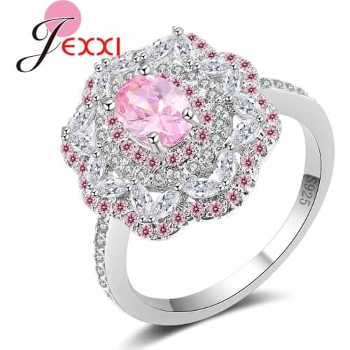 Simple Narrow Band Fashion Hollow Flower Ring Shiny White Pink Crystal High Quality 925 Sterling Silver Cubic Zircon Anel