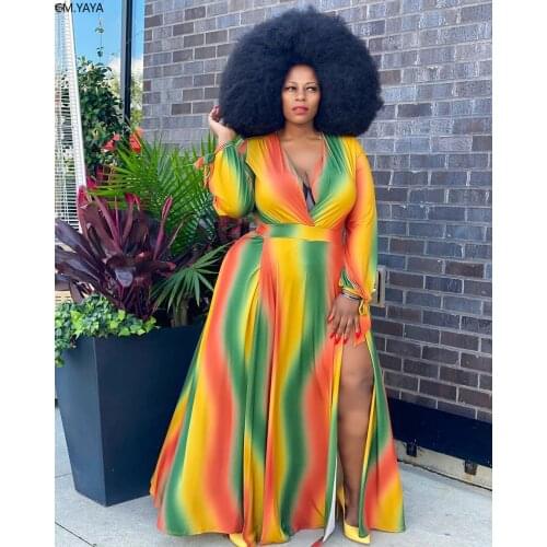 CM.YAYA Women Autumn Rainbow Striped Print V-neck High Split Maxi Dress Plus Size XL-5XL Long Sleeve Floor Length Dresses