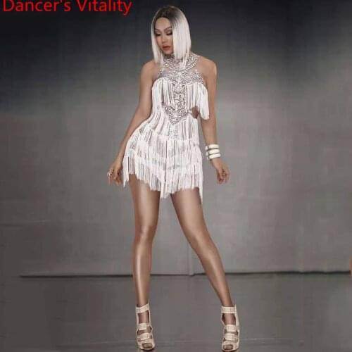 Women Singer Show DJ Disco White Tassel Diamond False Perspective Dress Latin Pole Jazz Dancing Party Dance Wear Slim Fit Clothe