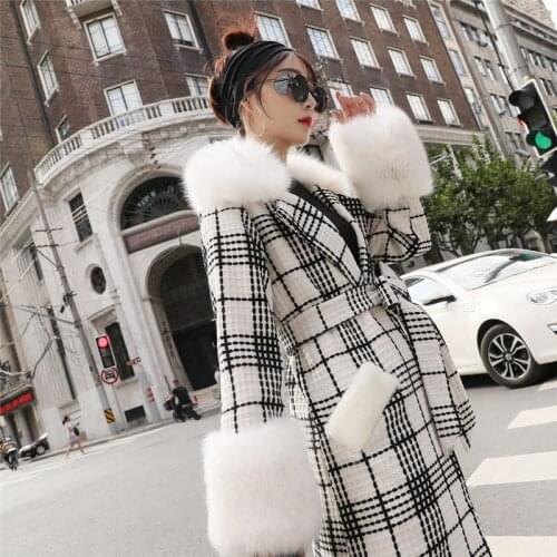 Faux Fox Fur Collar Women Woolen Coat Autumn Winter 2019 New Fashion Plaid Long Slim Luxury Coat Bandage Office Jacket f2062