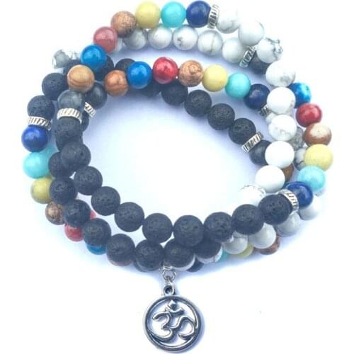 108 Prayer Beads Mala Yoga Necklace Bracelet 7-Chakra Bracelet Men Natural Lava Stone Howlite Lotus OM Bracelets Women