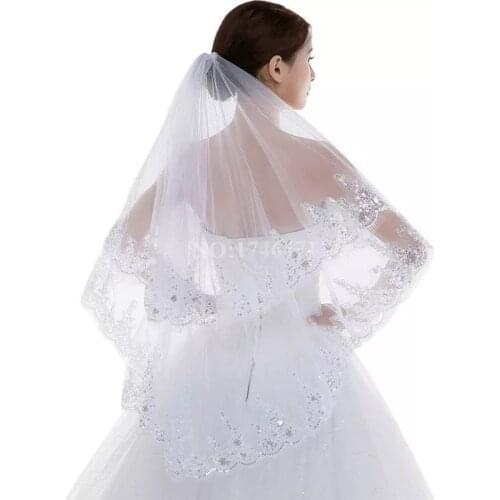 2 Tier Wedding Veil with Comb Scalloped Lace Trim Glitter Sequins Women Bridal Party Hair Accessory