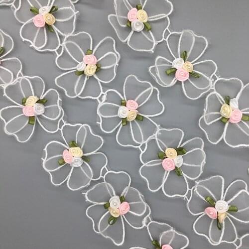 20x Rose Pearl Lace 3D Flower Beaded Trim Ribbon Handmade Embroidered Double Layered Applique Wedding Dress DIY Sewing Craft