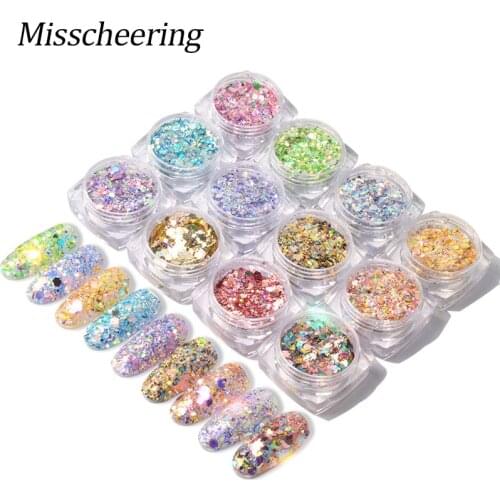 12Colors Glitter Aurora Nail Sequins 3D Ultra-thin Hybrid Hexagon Round Colorful Flakes Nail Art Powder DIY Nails Art Decoration