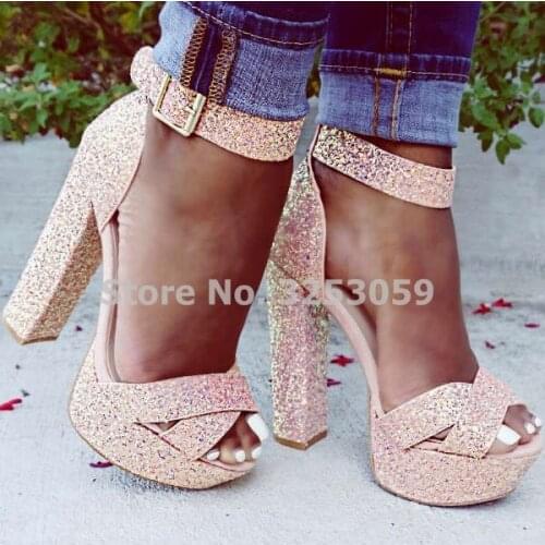 ALMUDENA Bling Bling Pink Sequins Open Toe Platform Pump Chunky High Heels Cross Strappy Buckle Strap Wedding Shoes Sandals