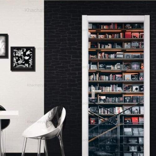CD Bookshelf Door Stickers Home Decoration Modern Style Bedroom Study Room Door Decals Self-Adhesive Waterproof Wall Stickers