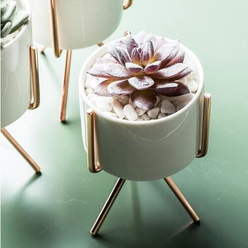 Pop Nordic Style Ceramic Flower Pot Planter Iron Frame Plant Holder Green Plant Flower Pot Desk Office Decoration Ornament