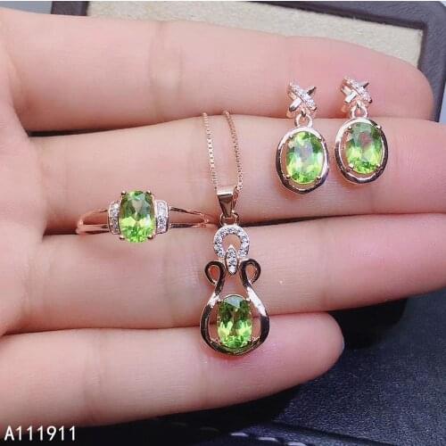 KJJEAXCMY fine jewelry 925 sterling silver inlaid Natural Peridot classic Necklace Ring Earring Suit Support Detection luxurious