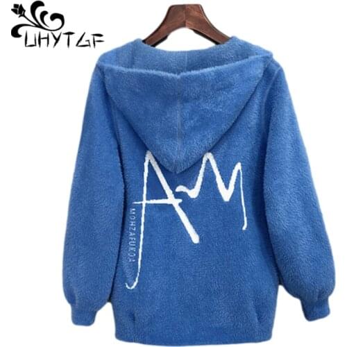 UHYTGF Faux Mink Fleece Autumn Winter Sweaters Coat Womens Fashion Hooded Knitted Cardigan Female Casual Warm Short Jacket 1169