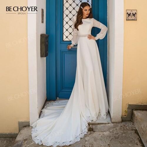 Boho Lace Satin Wedding Dress Vintage Long Sleeve Appliques A-Line Backless Bride Gown BECHOYER SN01 Princess Vestido de Noiva