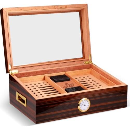 LUBINSKI Humidor Cigar Box Glass Cedar Wood 75-100CT Capacity Big Cigar Humidor Box Home Storage Cigars Tool Box W/ Hygrometer
