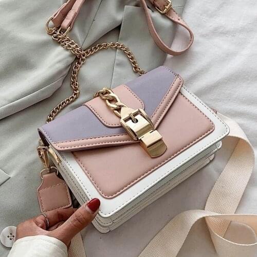 Fashion chain lady Sling bag Panelled color PU Leather Crossbody Bag For Women 2021 new Wide strap Shoulder Messenger Bag Ladies