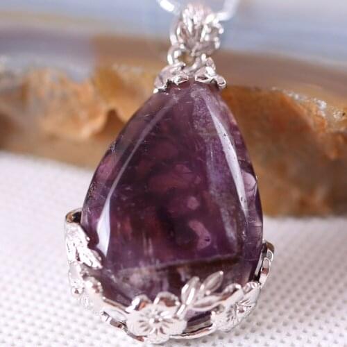 Free Shipping Fashion Jewelry 27x36MM Water Drop Bead Natural Stone Bead Purple Crystal Pendant 1Pcs with Chain 18inches K323