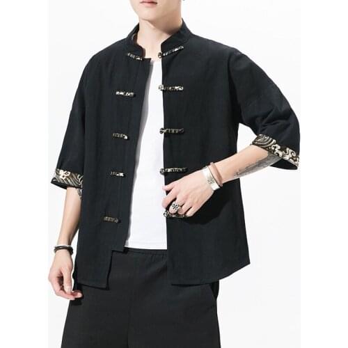 Mens Cardigan Tops 2021 New Chinese Traditional Vintage Style Tang Suits 3/4 Sleeve Solid Color Loose Thin Cotton Linen Tops