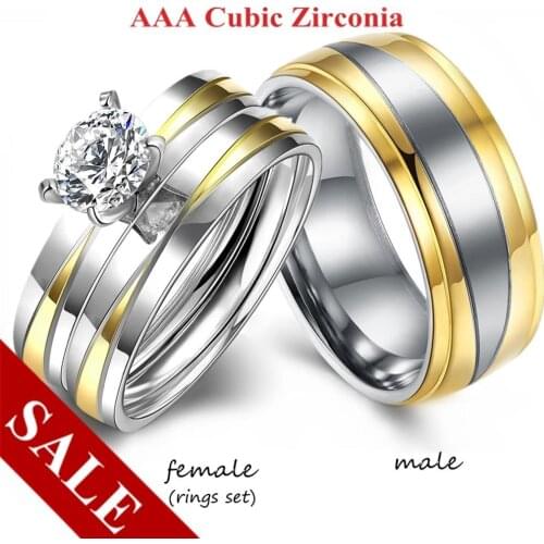 Couple Rings - Mens Gold Stainless Steel Rings Womens Fashion Crystal Wedding Ring for Lovers Promise Jewelry Gift