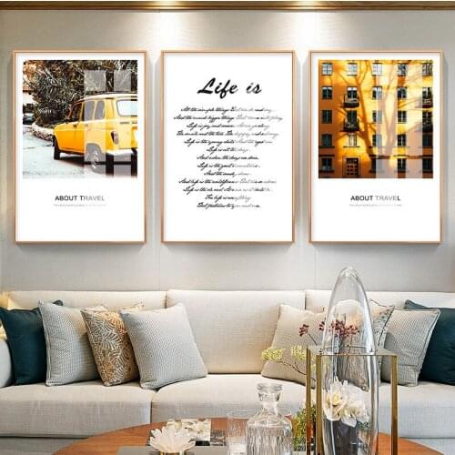 City Scenery Yellow Architecture Tree Blue Door Abstraction Letter Canvas Painting Wall Picture Poster Living Room Decoration