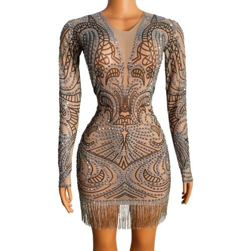 Transparent Pattern Silver Rhinestone Fringe Dress Birthday Evening Costume Prom Show Women Dance Sexy Short Dress