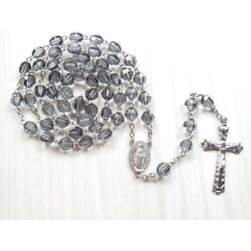 QIGO Transparent Gray Acrylic Cross Rosary Religious Pray Necklace